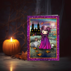 Kleine violette süße Halloween-Vampir-, Katzen- un Karte