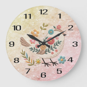 Kleine Vogelarten Blätter Blume Pink Wall Clock Große Wanduhr