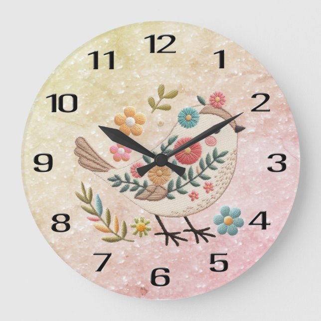 Kleine Vogelarten Blätter Blume Pink Wall Clock Große Wanduhr (Vorderseite)