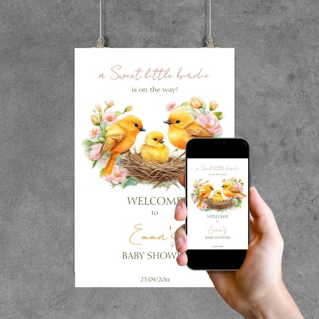 Kleine Vogelfeder Babydusche Begrüßungsschild Poster (Little bird spring hatching soon baby shower welcome sign template digital download yellow canaries)