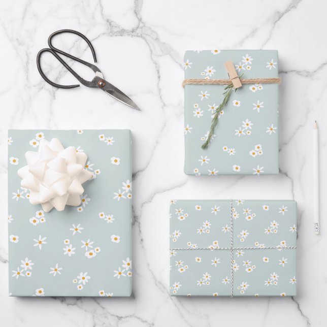 Kleine weiße Blume auf blau - nahtlose Muster. Geschenkpapier Set (Vorderseite)