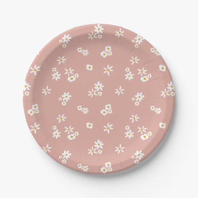 Kleine weiße Blume auf Rosa - nahtlos. Pappteller (Vorderseite)