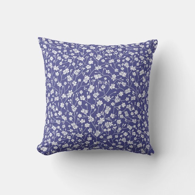 Kleine weiße Blume Periwinkle Blue Pillow 16x16 Kissen (Vorderseite)