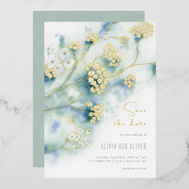 Kleine weiße Blume Save the Date Folieneinladung (Vorderseite/Rückseite)