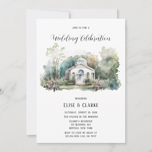 Kleine weiße Kirche und Florals Einladung zur Hoch (Vorderseite)