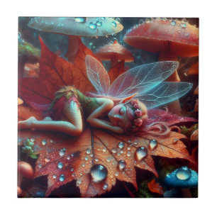 Kleine Whimsical Fairy Schlaf auf einem Lein Fliese