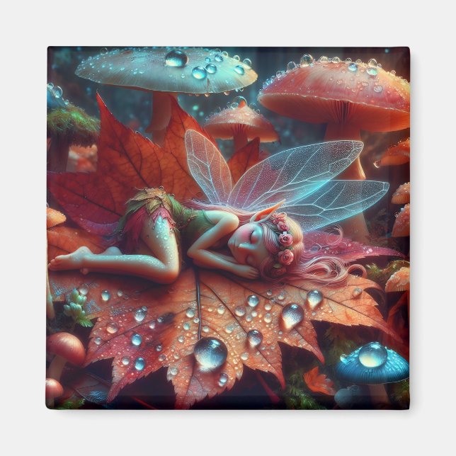 Kleine Whimsical Fairy Schlaf auf einem Lein Magnet (Vorne)