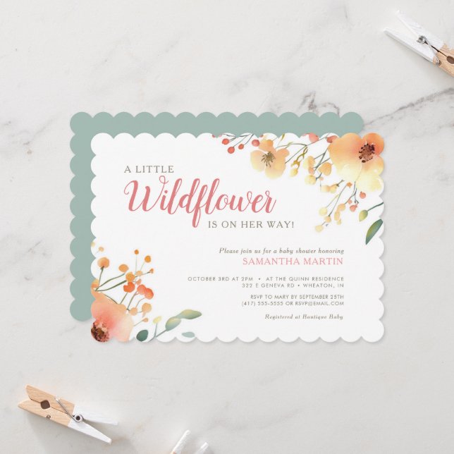 Kleine Wildblume Boho Aquarell Babydusche Einladung (Vorderseite/Rückseite Beispiel)