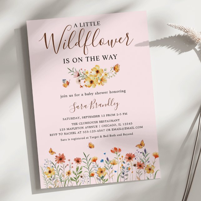 Kleine Wildblume Boho Wassercolor Babydusche Einladung (Little Wildflower Is on the way Soft Pink Boho Watercolor Wildflowers  Baby Shower Invitation)