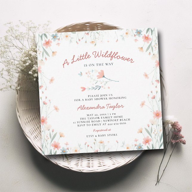Kleine Wildblume Coral Aquamarin Niedlich Girl Bab Einladung (little wildflower baby girl shower invitation cottage garden watercolor pink teal tiny flowers boho )