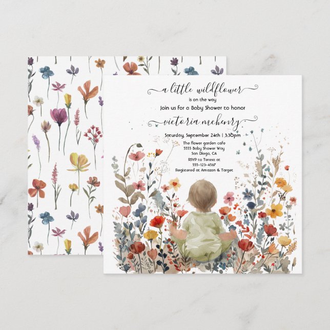 Kleine Wildblume Gartenwiese Babydusche Einladung (Vorne/Hinten)