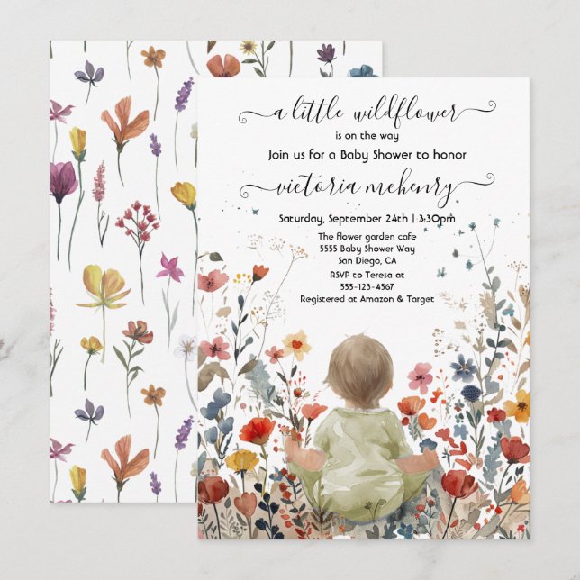 Kleine Wildblume Gartenwiese Babydusche Einladung (Vorne/Hinten)