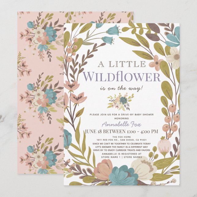Kleine Wildblume Girl Drive-by Kinderdusche Einladung (Vorne/Hinten)