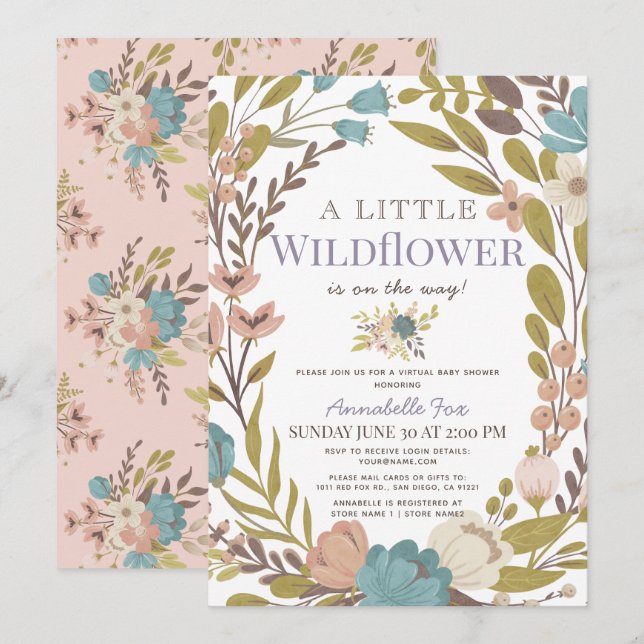 Kleine Wildblume Girl Virtual Baby Dusche Einladung (Vorne/Hinten)