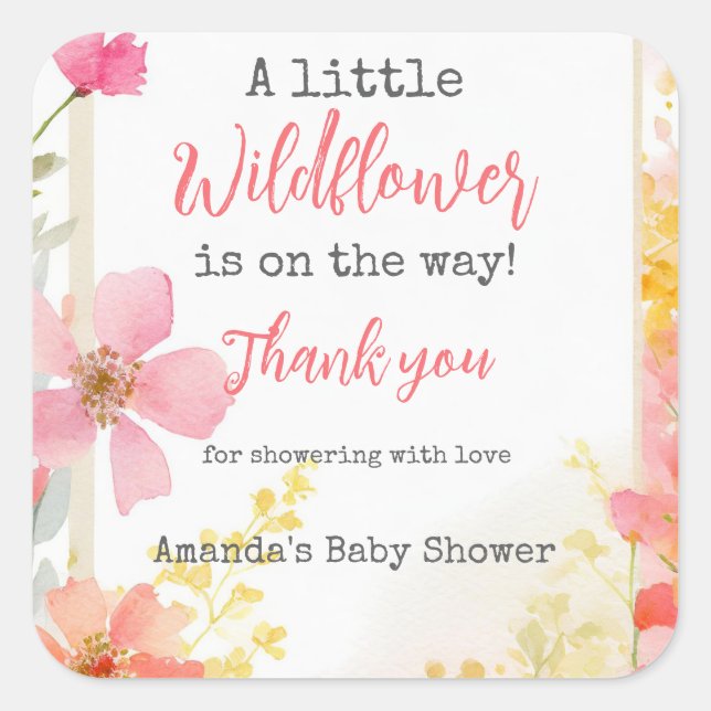 Kleine Wildblume Peach Blume Floral Baby Dusche Quadratischer Aufkleber (Vorderseite)