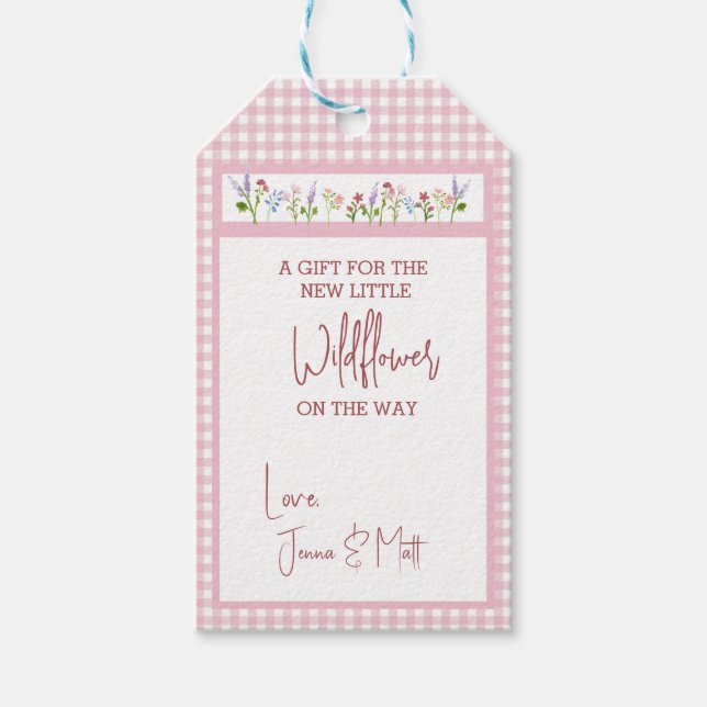 Kleine Wildblume Pink Gingham Karo Kinderdusche Geschenkanhänger (Vorderseite)