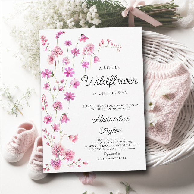 Kleine Wildblume Pink Whimsical Baby Girl Dusche Einladung (little wildflower baby girl shower invitation cottage garden watercolor pink fuchsia boho chic tiny)