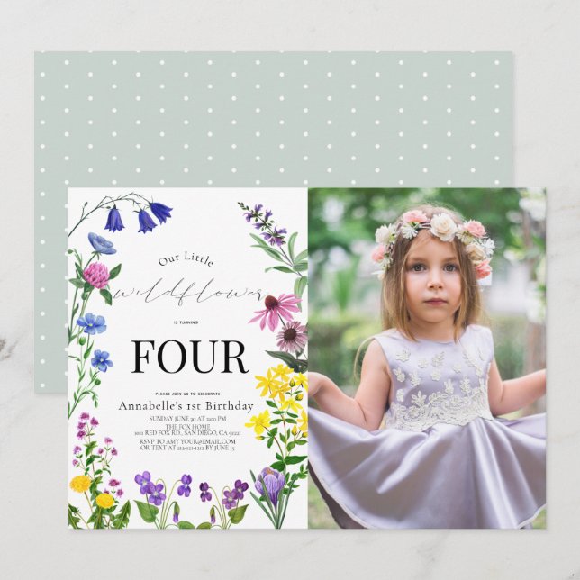 Kleine Wildblume Script GeburtstagsFoto Einladung (Vorne/Hinten)