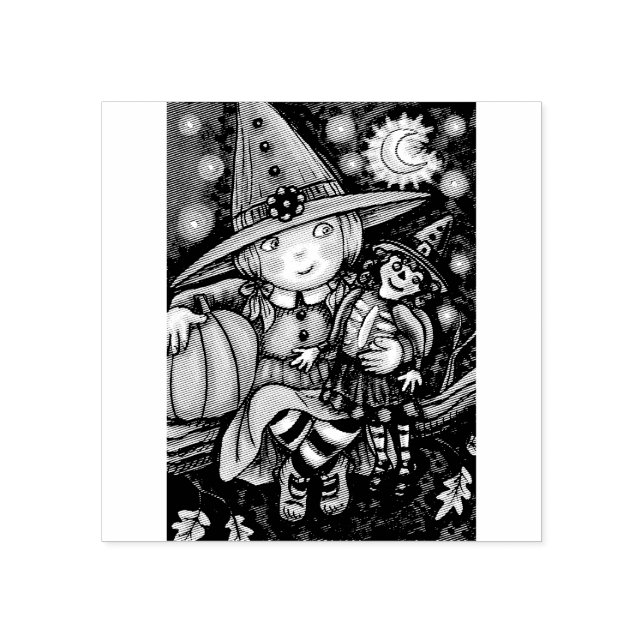 KLEINE WITCH & RAG DOLL HALLOWEEN RUBBER-BRIEFMARK GUMMISTEMPEL (Prägung)