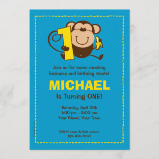 Kleiner Affe 1. Geburtstag Junge individuelle Einl Einladung