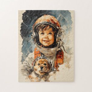 Kleiner Astronautenjunge und Hund