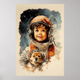 Kleiner Astronautenjunge und Hund Poster