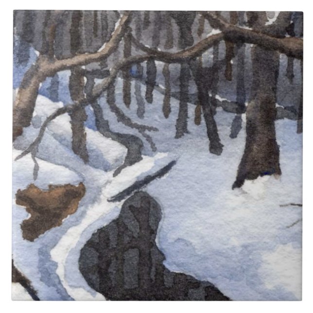 Kleiner Bach im Winterschnee mit dunklem Wasser Fliese (Vorderseite)