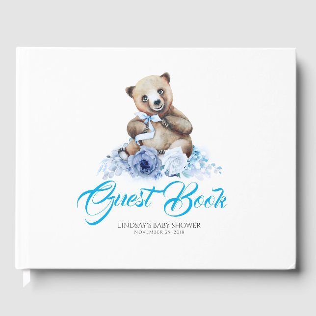 Kleiner Bär Niedlich Blue Flowers Babydusche Gästebuch (Vorderseite)