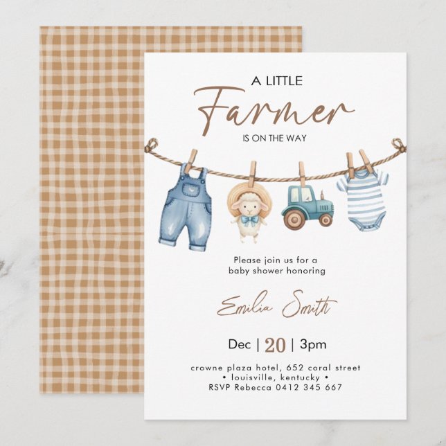 Kleiner Bauer Baby Clothesline Babydusche Einladung (Vorne/Hinten)