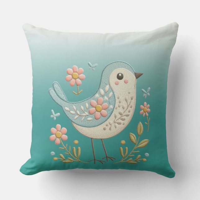 Kleiner Bird Floral Green Throw Kissen (Vorderseite)
