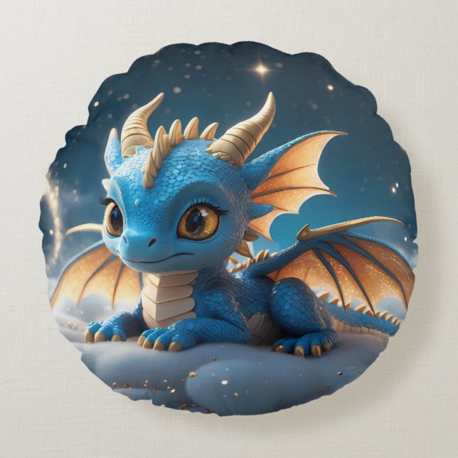 Kleiner blauer Dino auf einer Wolke  Rundes Kissen (Vorderseite)
