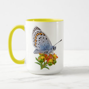 Kleiner Blauer Schmetterling auf farbenfrohen Wild Tasse