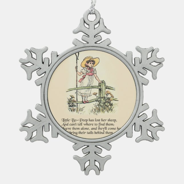 Kleiner Bo-Peep: Klassisches Kate Greenaway-Kinder Schneeflocken Zinn-Ornament (Vorderseite)