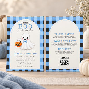 Kleiner Boo-Junge Geist Blaues Schleifen QR-Code B Einladung