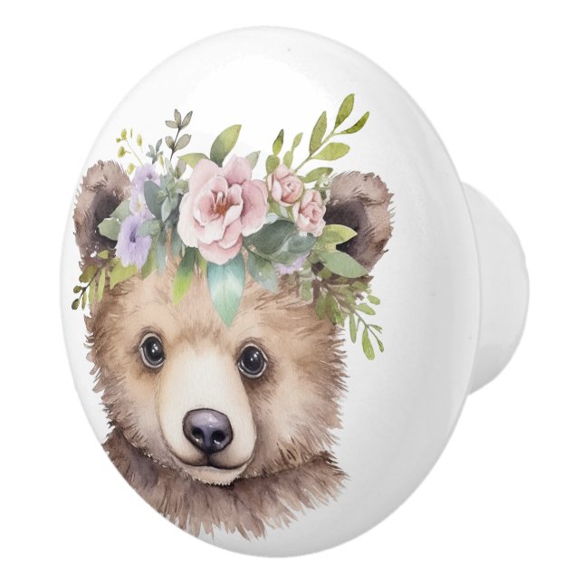 Kleiner brauner Bär mit Blumenkopfteil Keramikknauf (Rechts)