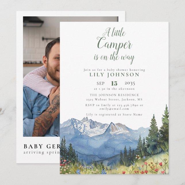 Kleiner Camper Mountain Baby Shower Foto QR Code Einladung (Vorne/Hinten)