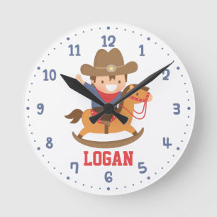 Kleiner Cowboy auf Schaukelpferd Jungen Wanddekora Runde Wanduhr