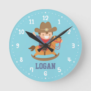 Kleiner Cowboy auf Schaukelpferd Jungenzimmer Runde Wanduhr