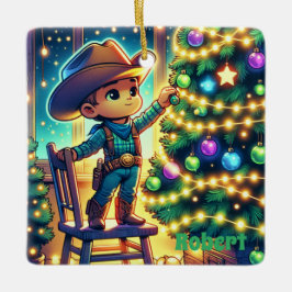 Kleiner Cowboy auf Stuhl Dekorieren Weihnachtsbaum Keramikornament