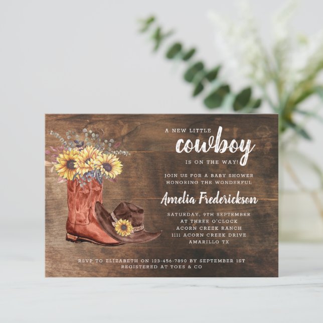 Kleiner Cowboy Boots Babydusche Einladung (Stehend Vorderseite)