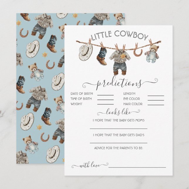 Kleiner Cowboy Clothesline Baby Predictions Game Einladung (Vorne/Hinten)