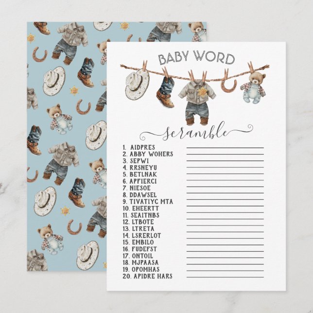 Kleiner Cowboy Clothesline Baby Word Scramble Einladung (Vorne/Hinten)