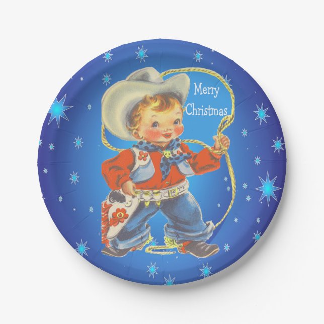 Kleiner Cowboy mit Hoffnung Frohe Weihnachten Pappteller (Vorderseite)