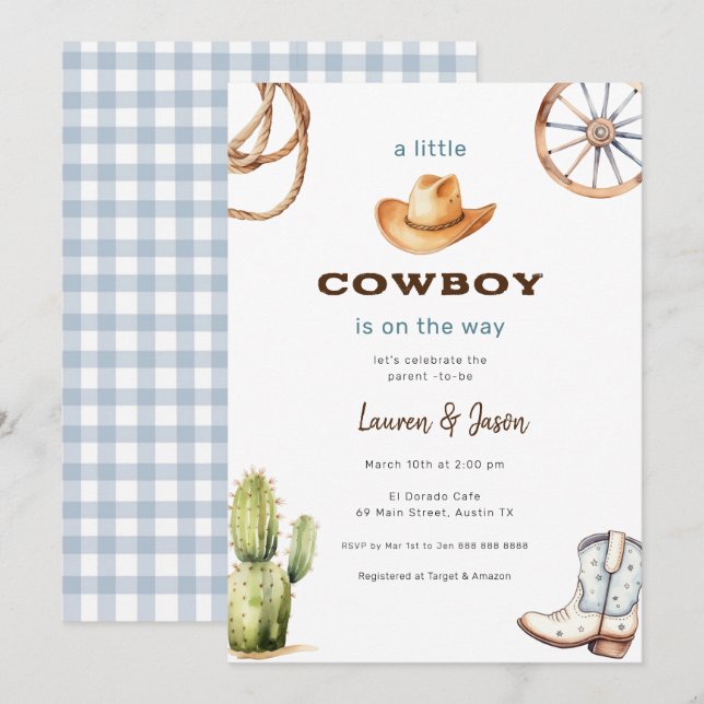 Kleiner Cowboy Moderne Babydusche Einladung (Vorne/Hinten)