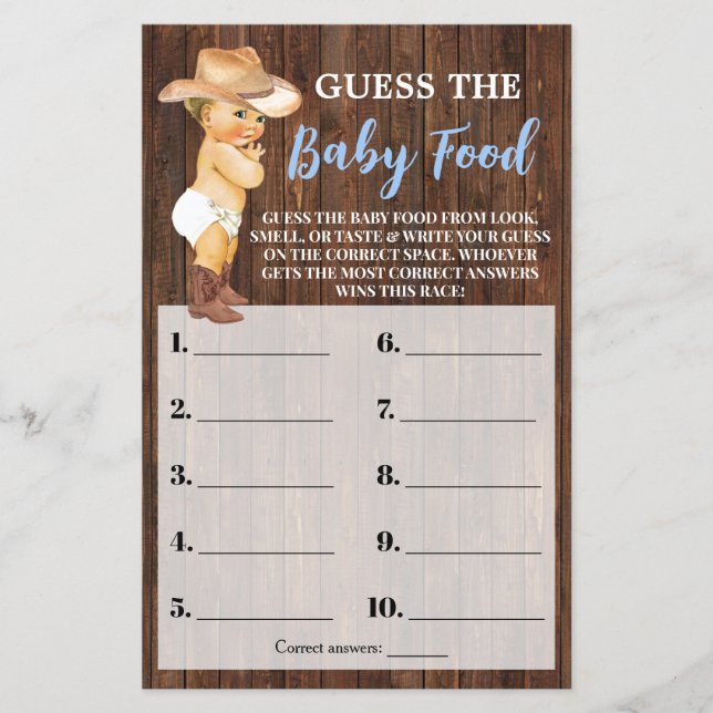 Kleiner Cowboy Raten Sie die Baby Food Dusche Spie Flyer (Vorne)