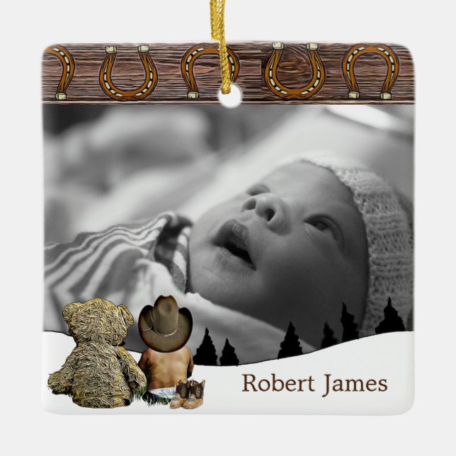 Kleiner Cowboy und Teddy Bären Weihnachten Keramikornament (Vorderseite)