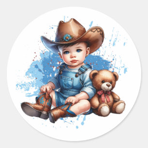 Kleiner Cowboy und Teddy Bear Baby Dusche Runder Aufkleber