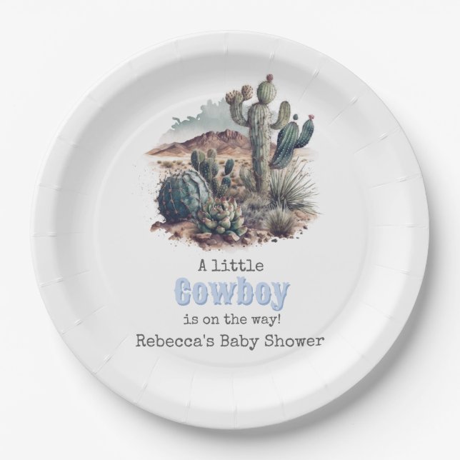 Kleiner Cowboy Western Blue Boy Baby Duschdekor Pappteller (Vorderseite)