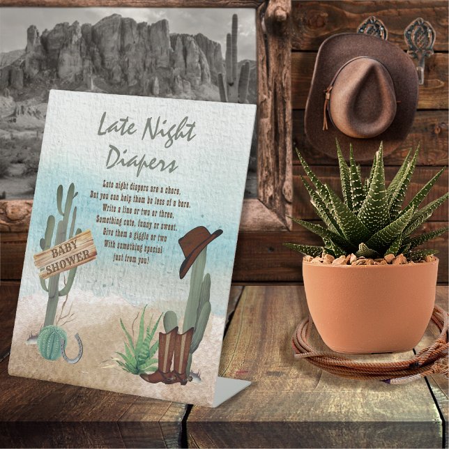 Kleiner Cowboy-Western-Dusche Spätabenteuer Sockelschild (Rustic Western Boy Baby Shower Late Night Diapers  Pedestal Sign -- "A Little Cowboy Is On His Way" )