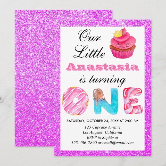 Kleiner Cupcake Lila Glitzer 1. Geburtstag 1 Einladung (Vorne/Hinten)